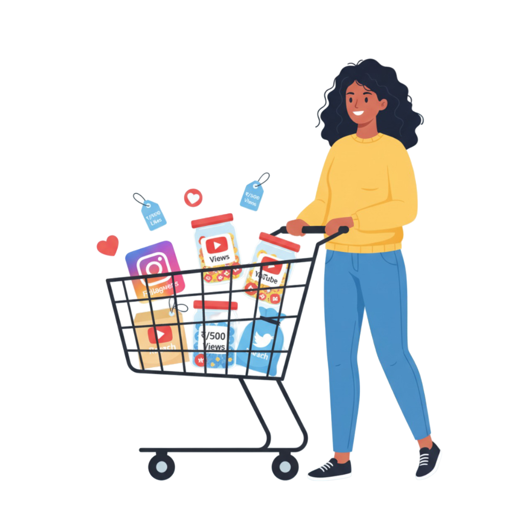 Illustration of a digital marketer managing multiple social media dashboards surrounded by icons of platforms like Facebook, Twitter, Email, SMS, and more.